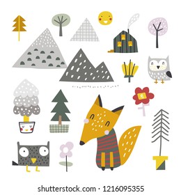 Doodle set- mountains, trees and animals. Vector Illustration. Scandinavian design.