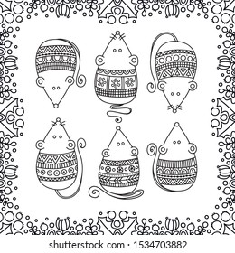 Doodle set of mouses. Cute winter illustration for coloring.