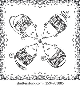 Doodle set of mouses. Cute winter illustration for coloring.