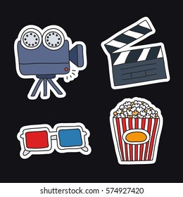 doodle set of movie and cinema icons, stickers. vector illustration