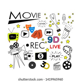 Doodle set of movie isolated on white for icon or background