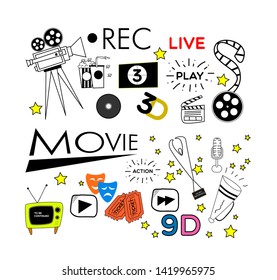 Doodle set of movie isolated on white for icon or background