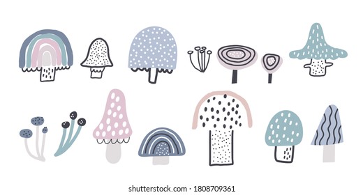 Doodle set - mushrooms. Childish vector illustration. Design for poster, card, bag and t-shirt, cover. Baby style.