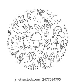 Doodle set of mushrooms and leaves. Vector, isolated, on a white background