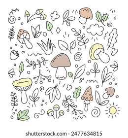 Doodle set of mushrooms and leaves. Vector, isolated, on a white background