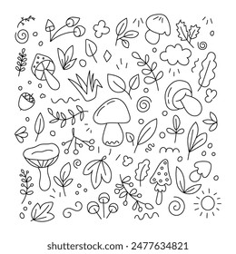 Doodle set of mushrooms and leaves. Vector, isolated, on a white background