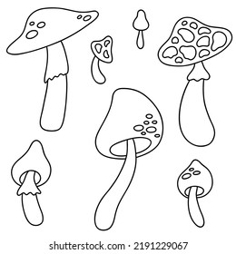 Doodle set - mushrooms. Vector outline illustration for coloring page