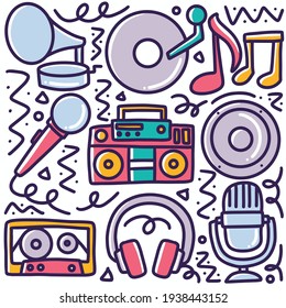 conjunto de doodle de herramientas de música dibujo manual con iconos y elementos de diseño