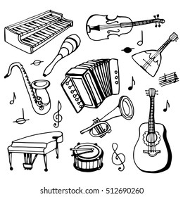 doodle set musical instruments. Black and white drawing of a hand drawn
