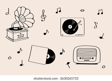 Doodle set of musical instruments. Collection of hand drawn vinyl records, turntable, radio, notes in retro vintage style 80s