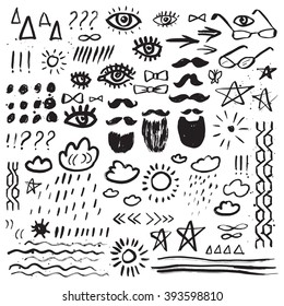 Doodle set. Mustache, beard, eyes, stars, sun, clouds. Grunge elements. Brush strokes and splatter. Vector illustration.