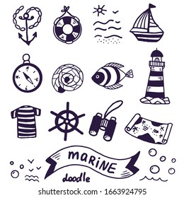 Doodle set of nautical elements for design on the theme of travel, adventure, leisure and sea. Elements of anchor, compass, helm, lighthouse and other hand-drawn items isolated on white background