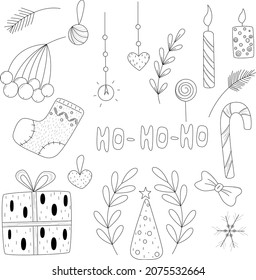 doodle set of new year simple elements black lines hand drawing christmas gifts candles christmas tree kids coloring icons