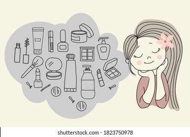  . Doodle-Set. Schönes Mädchen und alles für Schönheit und Gesichtspflege - Mascara, Schatten, Lippenstift und eine üppige Bürste, Schwämme und Creme, ein Spiegel und ein Haarclip. Vektorgrafik. isoliert