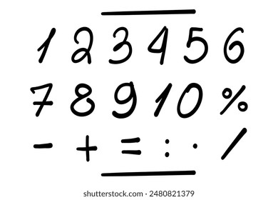 Doodle set of numbers from 0 to 9. Vector handwritten font on a white background. Mathematical symbols for children. Back to school vector graphics