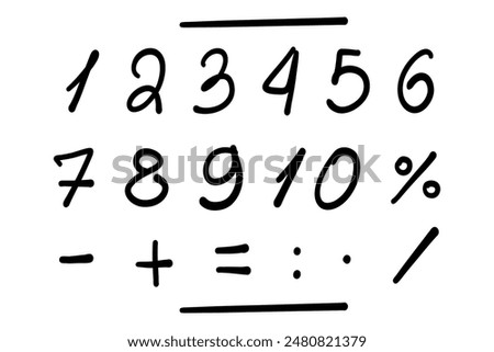 Doodle set of numbers from 0 to 9. Vector handwritten font on a white background. Mathematical symbols for children. Back to school vector graphics