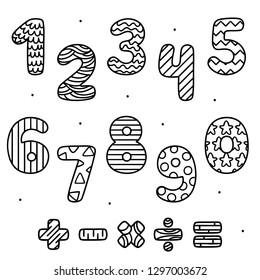 Doodle set, numbers and mathematical sings with patterns, set, children's coloring, vector, illustration.