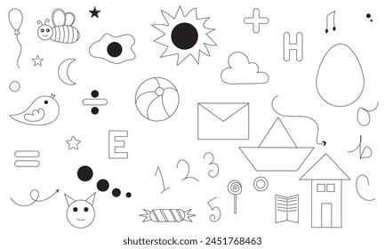 Doodle set of objects from a child's life, black and white outline