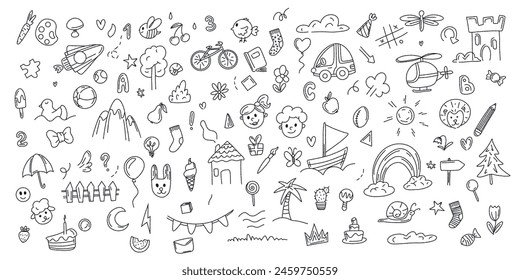 Doodle set of objects from a child's life drawn by hand, including toys, food, plants and things for sports and creative activities, a rocket. rainbow Children's graphics