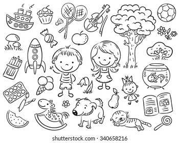 Doodle set of objects from a child's life including pets, toys, food, plants and things for sport and creative activities