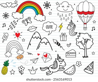 Doodle set of objects from a child's.Cute hand drawn doodle set of simple kids decorative elements.