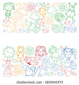 Doodle set of objects for kids. Toys and boys and girls. Kindergarten children. Vector outline icons