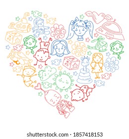 Doodle set of objects for kids. Toys and boys and girls. Kindergarten children. Vector outline icons