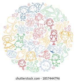 Conjunto de objetos para niños. Juguetes y niños y niñas. Niños de guardería. Iconos del contorno del vector