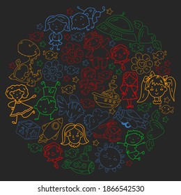 Doodle set of objects for kids. Toys and boys and girls. Kindergarten children. Vector outline icons