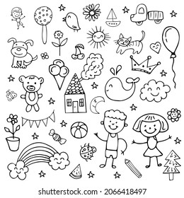 Doodle set of objects from the life of a child, black and white outline