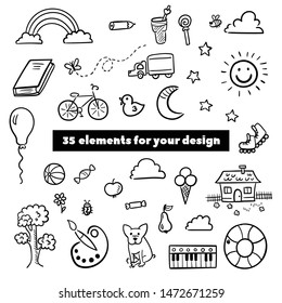 Doodle set of objects from a child’s life, sketch outline elements for you design. Vector illustration. Sweets, toys, bicycle, rollers, rainbow, sun and other symbols