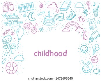 Doodle set of objects from a child’s life, sketch outline elements for you design. Vector illustration. Sweets, toys, bicycle, rollers, rainbow, sun and other symbols