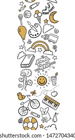 Doodle set of objects from a child’s life, sketch outline elements. Sweets, toys, bicycle, rollers, rainbow, sun and other elements  for you design. Seamless pattern background. Vector illustration