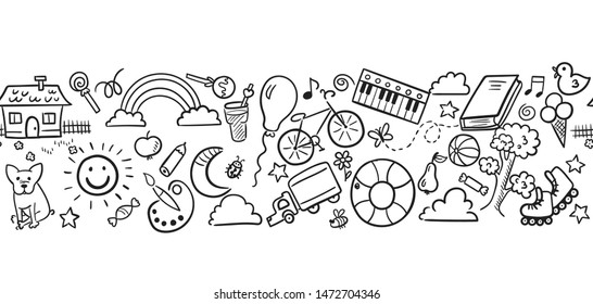 Doodle set of objects from a child’s life, sketch outline elements. Sweets, toys, bicycle, rollers, rainbow, sun and other elements  for you design. Seamless pattern background. Vector illustration