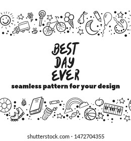 Doodle set of objects from a child’s life, sketch outline elements. Sweets, toys, bicycle, rollers, rainbow, sun and other elements  for you design. Seamless pattern background. Vector illustration