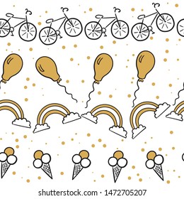 Doodle set of objects from a child’s life, sketch outline elements. Ice cream, bicycle, rainbow, balloon elements  for you design. Seamless pattern background. Vector illustration