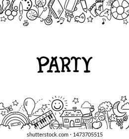 Doodle set of objects from a child’s life, sketch outline elements. Sweets, toys, bicycle, rollers, rainbow, sun and other elements  for you design. Seamless pattern background. Vector illustration