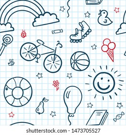 Doodle set of objects from a child’s life, sketch outline elements. Sweets, toys, bicycle, rollers, rainbow, sun and other elements  for you design. Seamless pattern background. Vector illustration