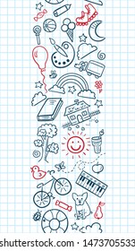 Doodle set of objects from a child’s life, sketch outline elements. Sweets, toys, bicycle, rollers, rainbow, sun and other elements  for you design. Seamless pattern background. Vector illustration