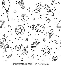 Doodle set of objects from a child’s life, sketch outline elements. Sweets, toys, bicycle, rollers, rainbow, sun and other elements  for you design. Seamless pattern background. Vector illustration