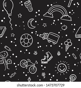 Doodle set of objects from a child’s life, sketch outline elements for you design. Vector illustration. Sweets, toys, bicycle, rollers, rainbow, sun and other symbols on black background