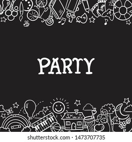 Doodle set of objects from a child’s life, sketch outline elements for you design. Vector illustration. Sweets, toys, bicycle, rollers, rainbow, sun and other symbols on black background