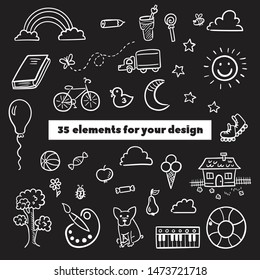 Doodle set of objects from a child’s life, sketch outline elements. Ice cream, bicycle, rainbow, balloon elements  for you design. Vector illustration isolated on black background
