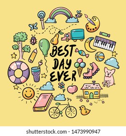 Doodle set of objects from a child’s life, sketch outline elements for you design. Vector illustration. Sweets, toys, bicycle, rollers, rainbow, sun and other symbols