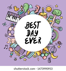 Doodle set of objects from a child’s life, sketch outline elements for you design. Vector illustration. Sweets, toys, bicycle, rollers, rainbow, sun and other symbols