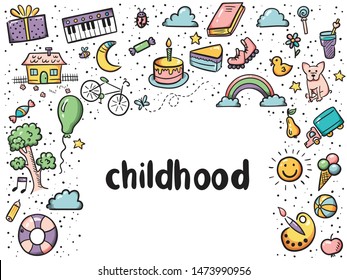 Doodle set of objects from a child’s life, sketch outline elements for you design. Vector illustration. Sweets, toys, bicycle, rollers, rainbow, sun and other symbols