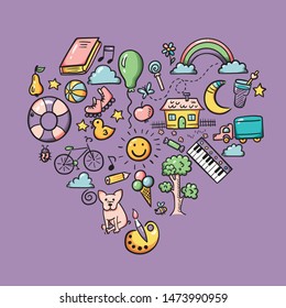 Doodle set of objects from a child’s life, sketch outline elements for you design. Vector illustration. Sweets, toys, bicycle, rollers, rainbow, sun and other symbols