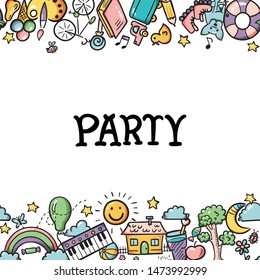 Doodle set of objects from a child’s life, sketch elements. Sweets, toys, bicycle, rollers, rainbow, sun and other elements  for you design. Seamless pattern background. Vector illustration