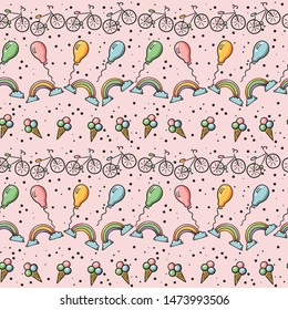 Doodle set of objects from a child’s life, sketch elements. Sweets, toys, bicycle, rollers, rainbow, sun and other elements  for you design. Seamless pattern background. Vector illustration