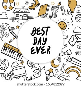Doodle set of objects from a child’s life, sketch outline elements. Sweets, toys, bicycle, rollers, rainbow, sun and other elements  for your design. Vector illustration